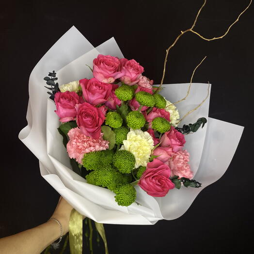 Fresh mix | A designer bouquet of white carnations, spray raspberry roses, green chrysanthemums, light pink carnations