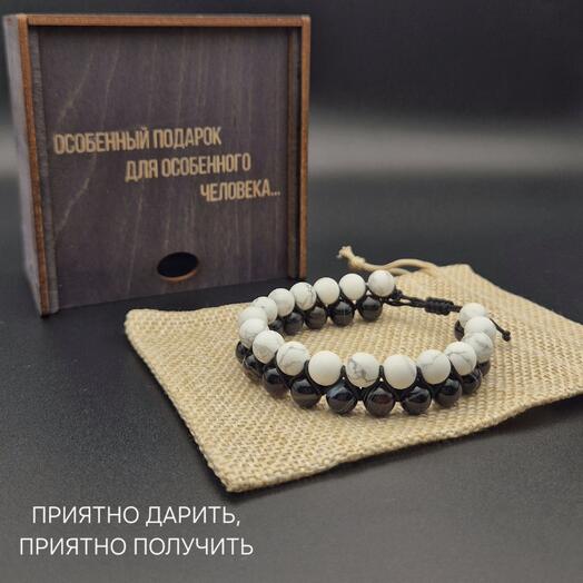 Браслет шамбала двухцветный из агата и матового магнезита
