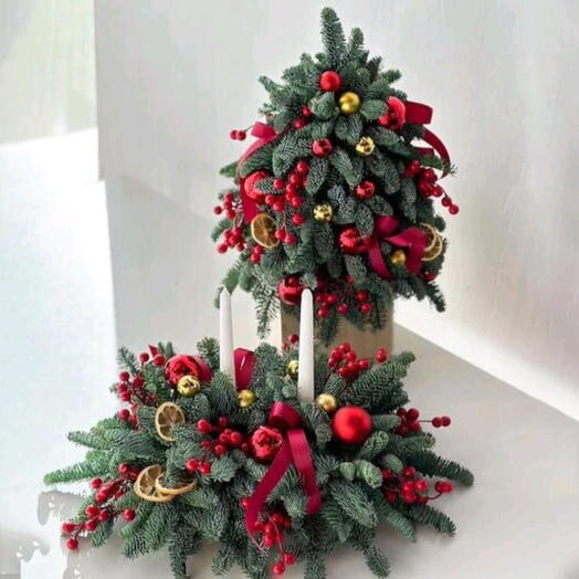 🎄️ Новогодний сет Елочка и композиция со свечами из живого нобилиса