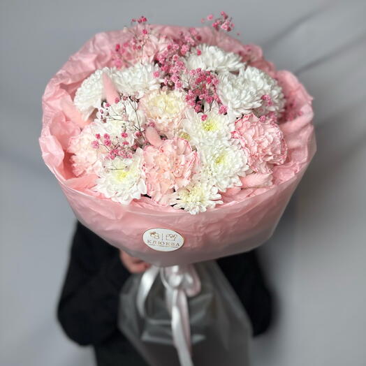 Персиковый🎀(хризантемы ,гипсофила,лагурус,диантус)