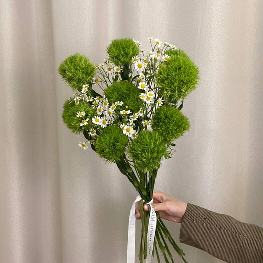 Букет "Весеннее утро💚" из диантусов и танацетума
