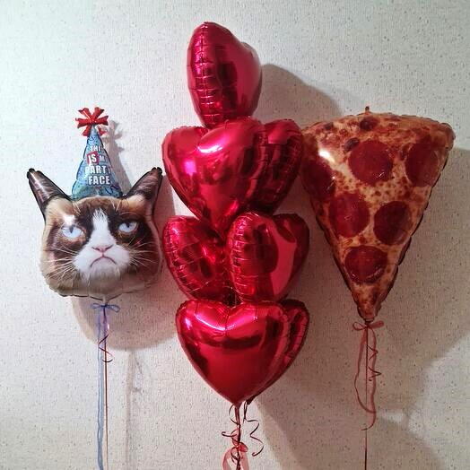 Прикольные шары 🎈 кот, сердца 7 шт и пицца / подарок девушке и парню