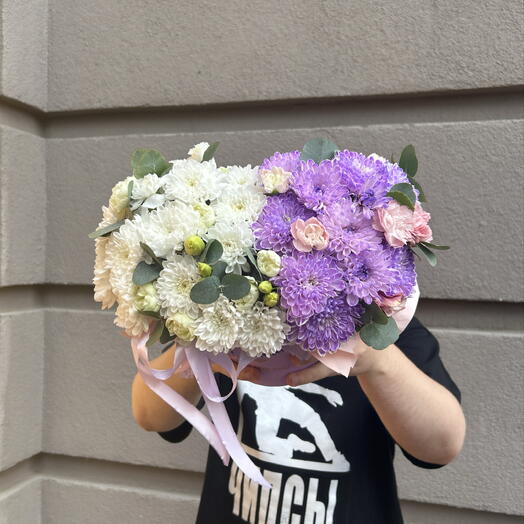 Композиция в коробке 💜 «Лавандовый бриз» 🤍 с ароматным эвкалиптом и пушистой хризантемой 🍇🫧