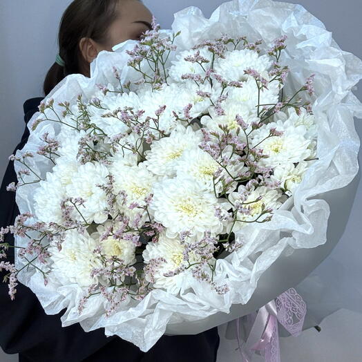 Белая хризантема и лимониум 🎀