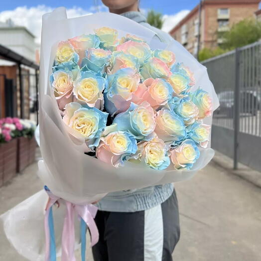 Радужные розы 🩷💙Разноцветные розы 😍Букет с необычными розами 25 роз