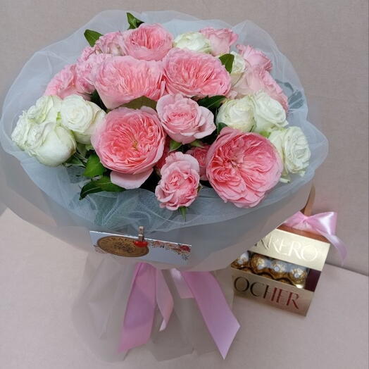 Peony Roses and spray roses bouquet + Ferrero Rocher chocolate