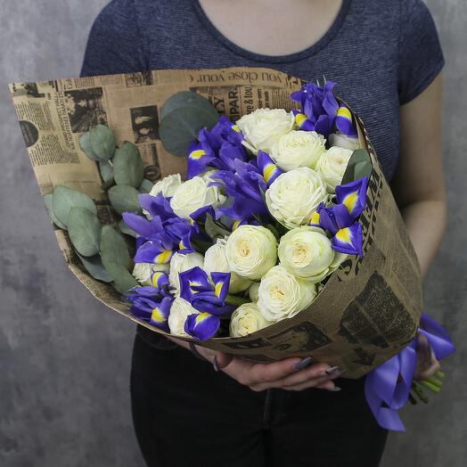 Bouquet of peony-shaped roses and irises "Scarlett"