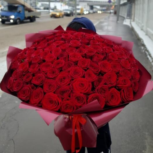 101 red roses 70 cm in red designer packaging