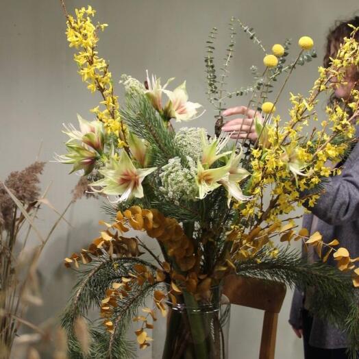Sunny bouquet with amaryllis and forsythia