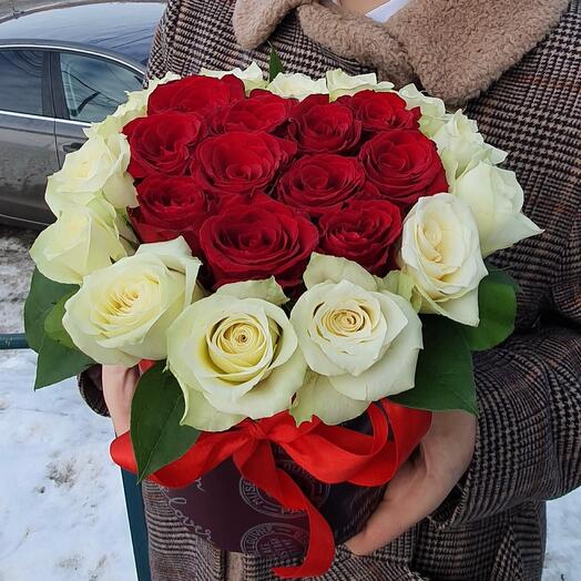 Red + white roses in a heart-shaped box