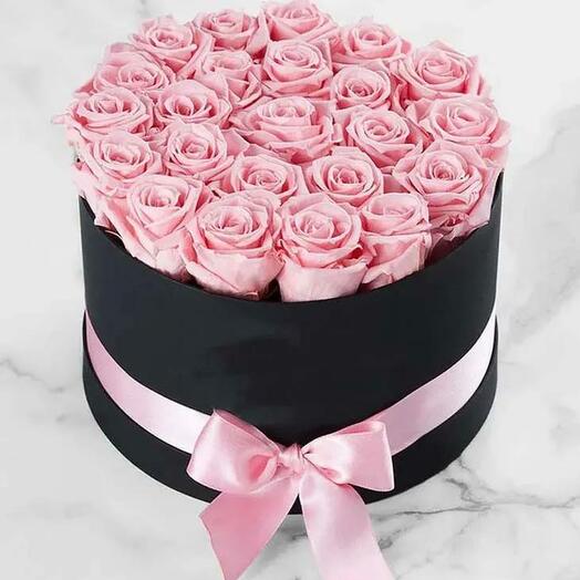 Pink Roses in Black Round Box