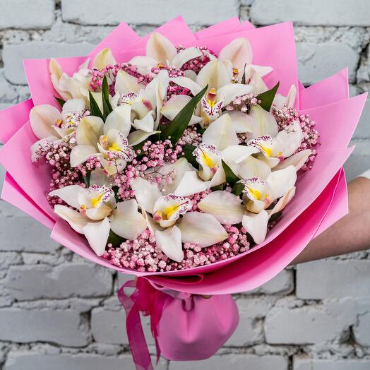 Bouquet of White orchid with gypsophila