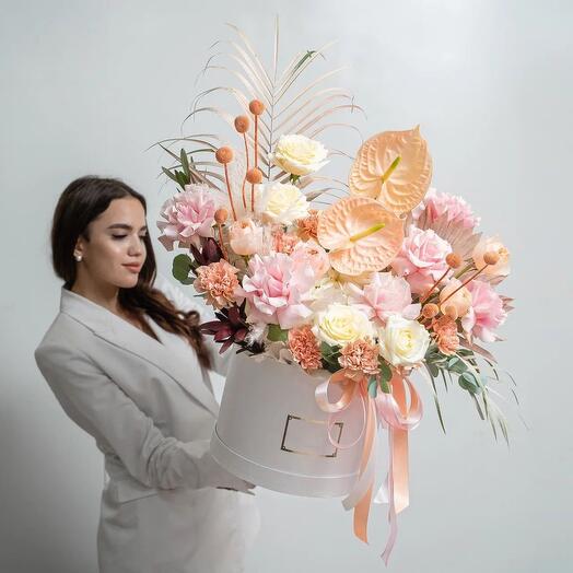 Flowers in box «Lady» with peony, rose, hydrangea