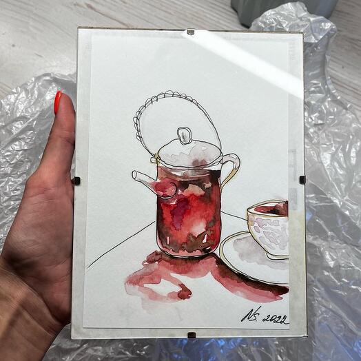 Акварельная картина «чаепитие» в раме