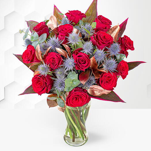 Beauty and the Beast: 15 Red Roses, Eryngium   Eucalyptus