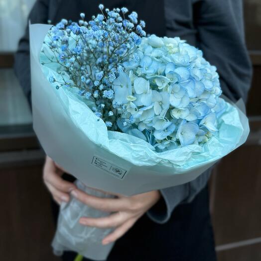 Bouquet of blue hydrangea and gypsophila