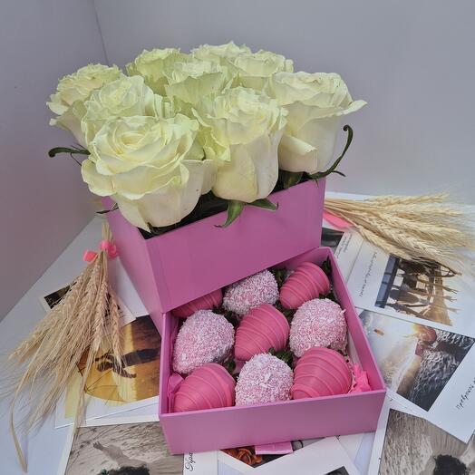 Chocolate-covered strawberries/White roses