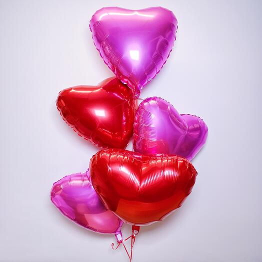 Набор воздушных шаров с гелием сердца 5 штук красные и розовые