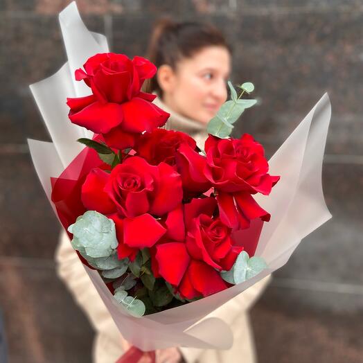 Bouquet of red French roses with eucalyptus