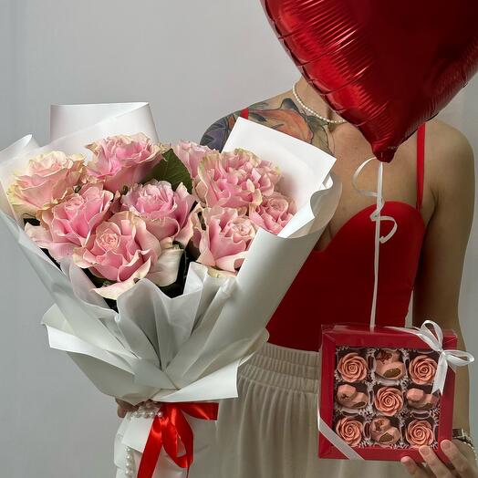 💐+🎈+🍫Комбо-Набор: розовые французские розы+бельгийский шоколад+шар сердце