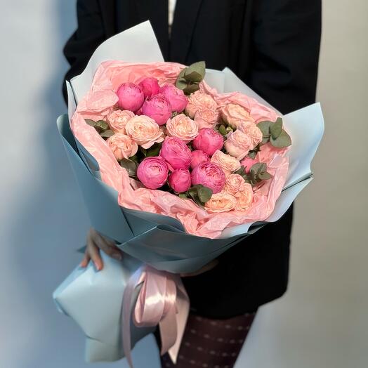 Дуобукет пионовидных роз Silva Pink и Bombastic