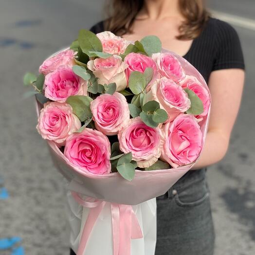 Моно букет из розовых роз🎀 с эвкалиптом