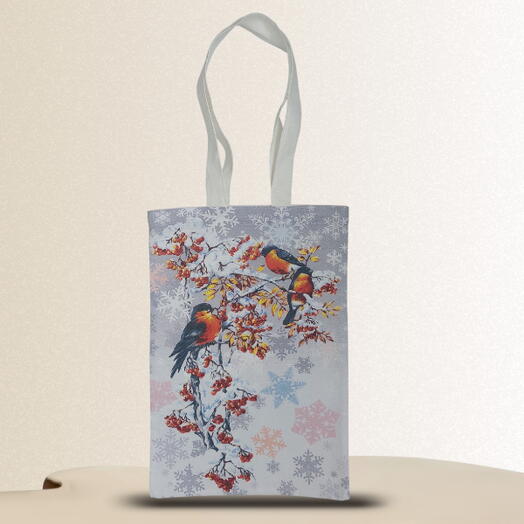 Зимний шоппер из ткани со снегирями