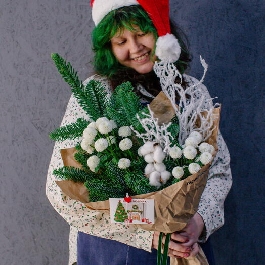 103M. Зимний новогодний белый букет из елки нобилис