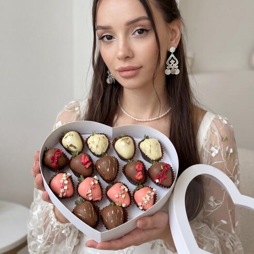 Клубника в шоколаде в коробочке, набор с клубникой в шоколаде сердце N1