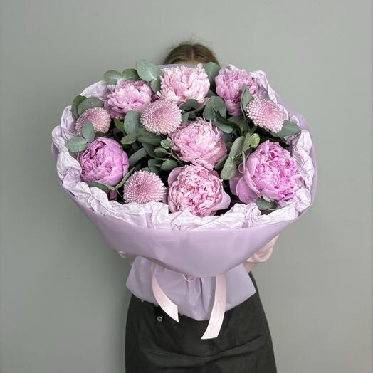 Магия пионов🌸 | Букет: пионы, одноголовые хризантемы и эвкалипт