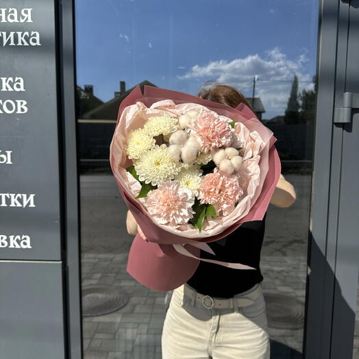 Букет из диантусов,хлопка и хризантемы🌸