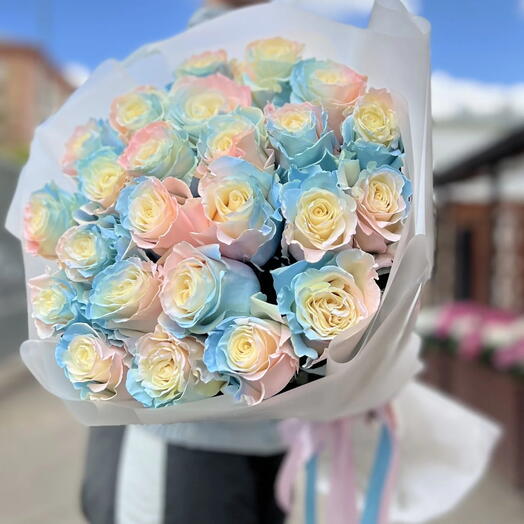 Радужные розы 🩷💙Разноцветные розы 😍Букет с необычными розами 25 роз