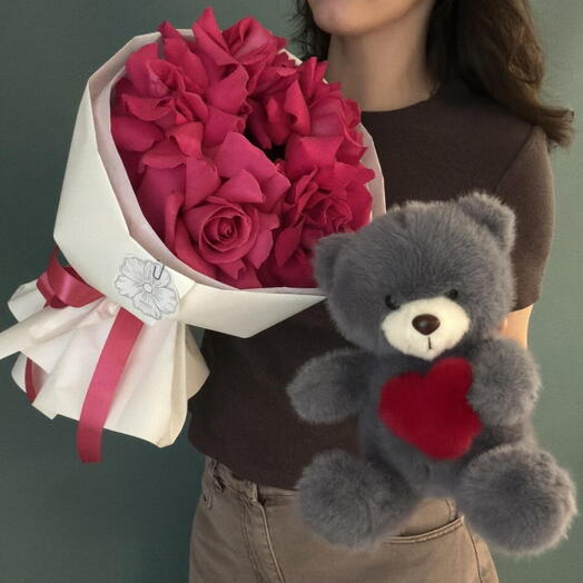 Комбо: букет французских роз + игрушка Мишка с сердцем ❣️