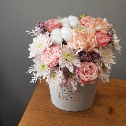 Flowers in a box. Marshmallow with cotton and pastel chrysanthemum