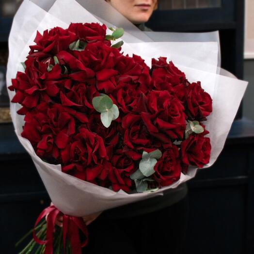 A large bouquet of 21 red French roses