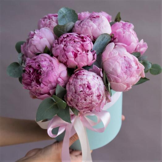 Flowers in a box pink peonies for the birthday of mom, sister, girlfriend, colleague, for no reason