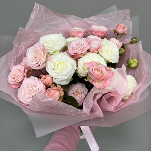 Bushy peonies.roses in the bouquet "Marshmallow tenderness"