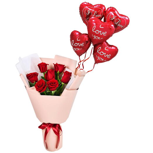 7 Red Roses With Foil Balloons