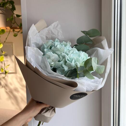 Bouquet of hydrangeas with eucalyptus