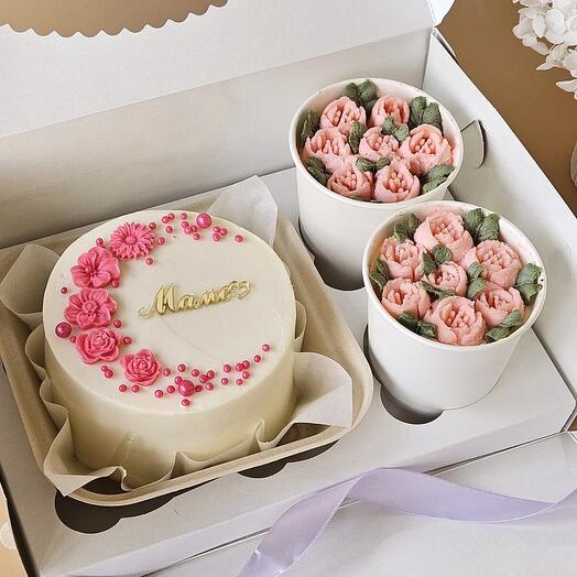 Juego combinado de pastel de Bento con flores de chocolate + pastel en un vaso con flores de crema (2 piezas), para mamá