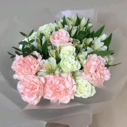 Dianthus rosa 5, rosa arbusto blanco 2 piezas, alstroemeria blanco 6 piezas