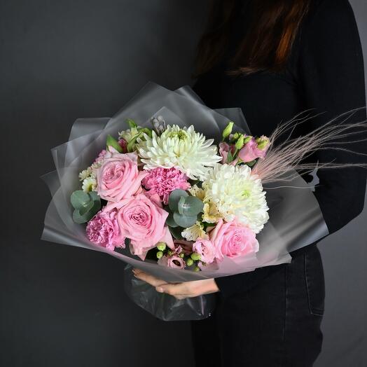 Original pink bouquet with peony rose, eustoma and chrysanthemum