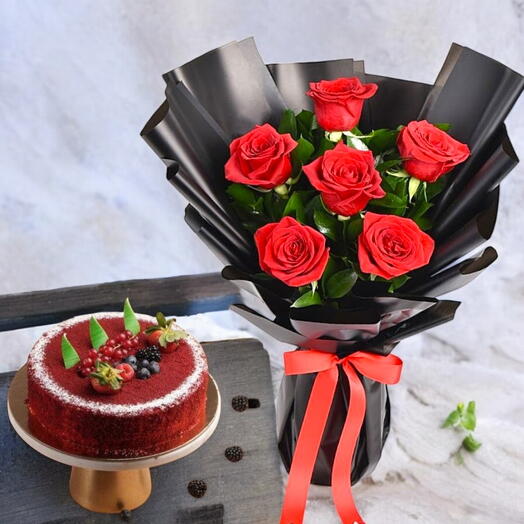 A Bouquet of 6 Red Roses with Red Velvet Cream Cake | 1KG