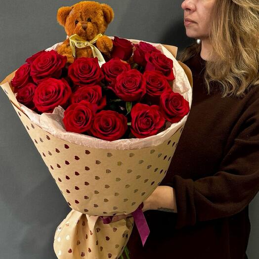 19 красных роз 🌹 с мишкой 🧸