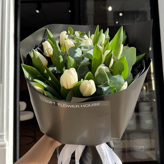 White tulips with eucalyptus