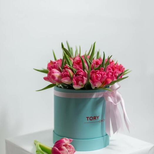 25 Pink Peony Tulips in a Hat Box