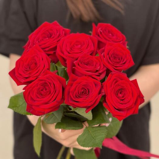 Букет «Алое признание» из 9 красных роз под ленту, 50 см
