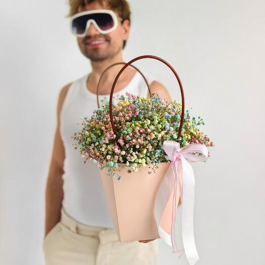 Цветная гипсофила 9 шт в розовой сумочке