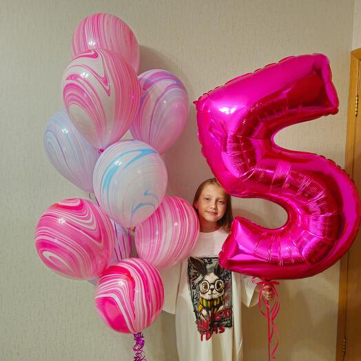Воздушные шары, шарики яркие агаты мраморные, с разводами, и цифра 5 фуксия для девочки, дочки- 11шаров