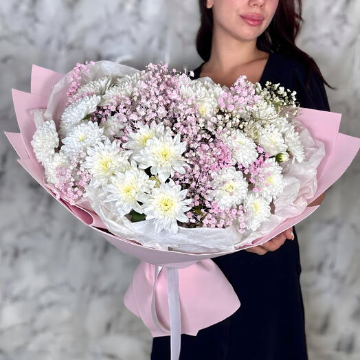 Большой Вау букет из хризантемы Алтай и розовой гипсофилы 😍